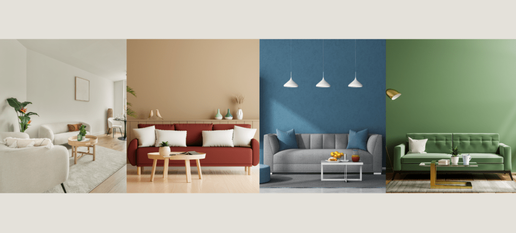 Headerbild mit 4 Räumen in 4 Trendfarben - weiß, terracota, blau und grün