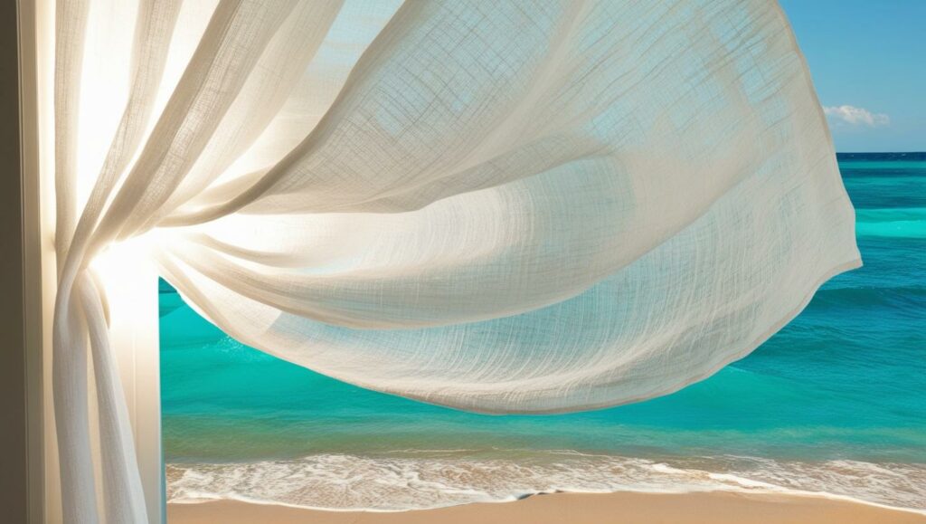 Vorhang weht im Wind mit direktem Blick auf das blaue Meer und Strand
