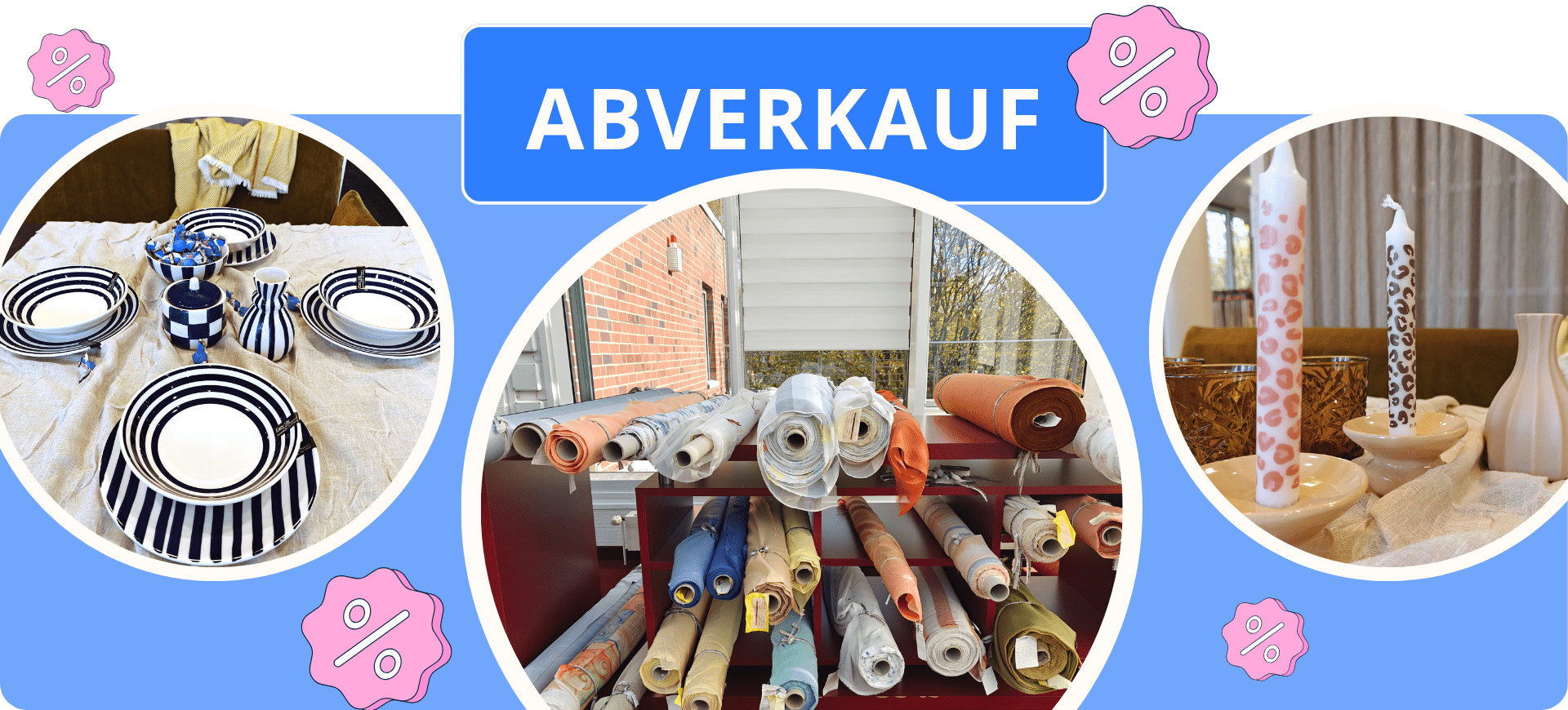 Abverkauf Banner mit Produktbildern der Dekoartikel und Stoffe
